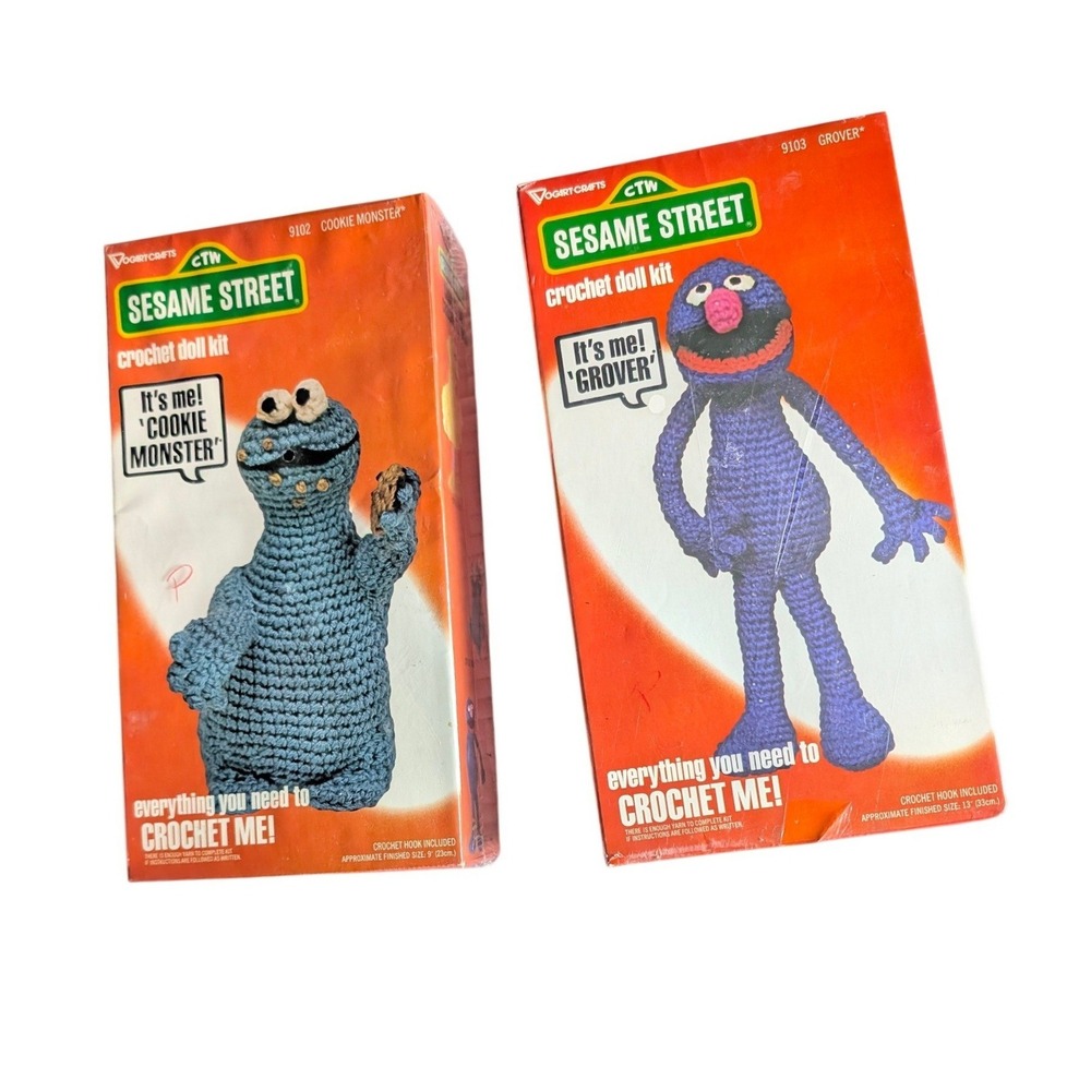 Vogart Crafts Sesame Street Crochet Doll Kits 2 Sets Cookie Monster, Grover 1979